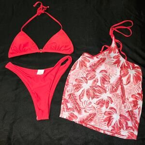 Red & White Bikini Set + Skirt Cover – NWOT – Halter Triangle Top
